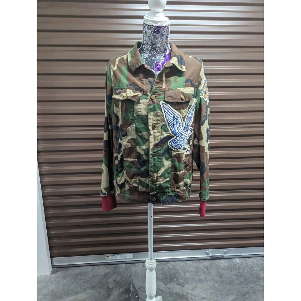 Vintage 90s Y2K Green Army Camo 1996 World Series Jacket Eagle Skull Grunge - Picture 1 of 10